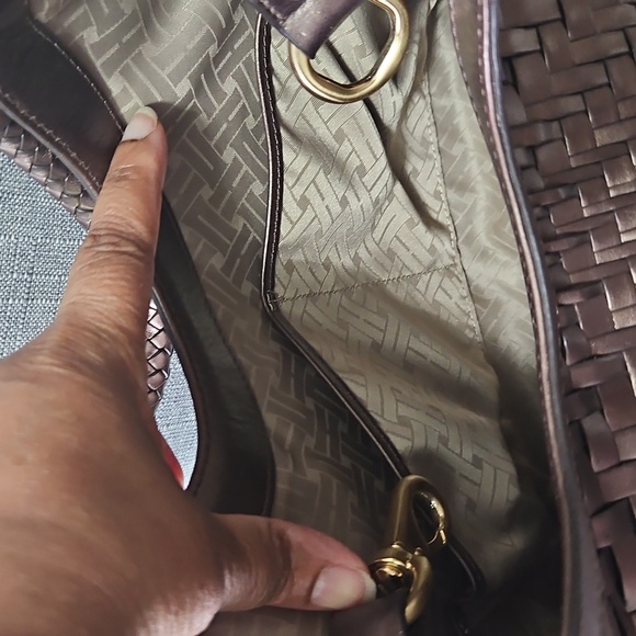 Cole Haan Woven Leather Handbag  Bronze Metallic with Lobster Claw Closure - Picture 7 of 9